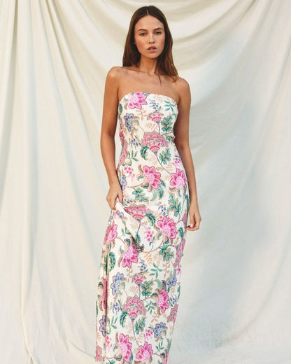 Strapless Floral Satin Midi Dress