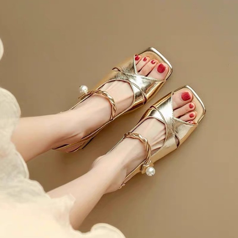 Women's Flat Toe High Heeled Sandals with Pearls