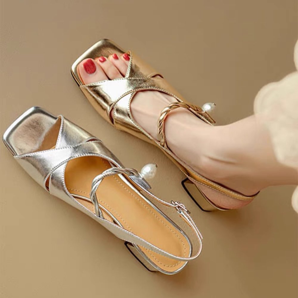 Women's Flat Toe High Heeled Sandals with Pearls