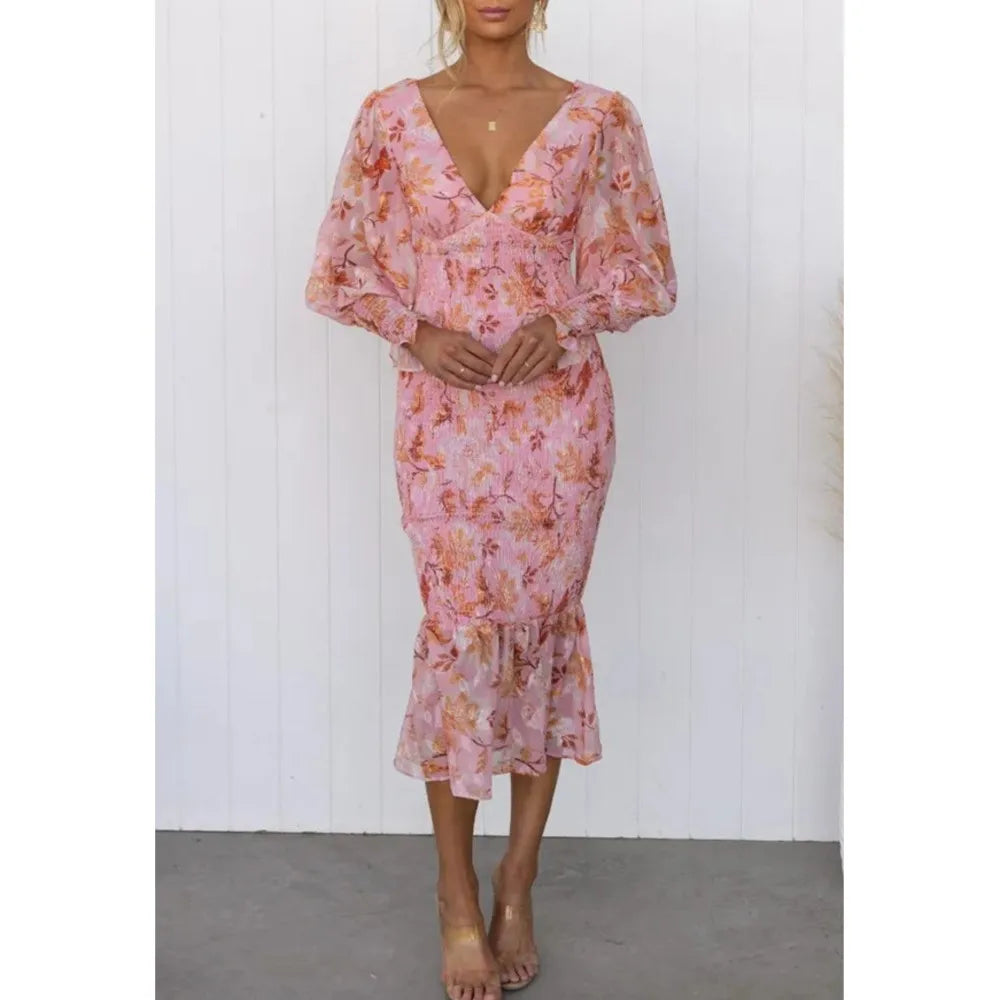 GARDEN GATHERING FLORAL SMOCKED WAIST MIDI DRESS