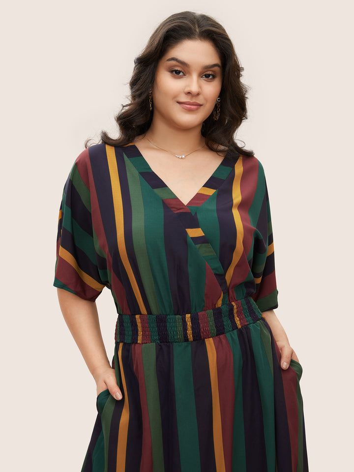 Striped Dolman Sleeve Pocket Shirred Flutter Wrap Dress