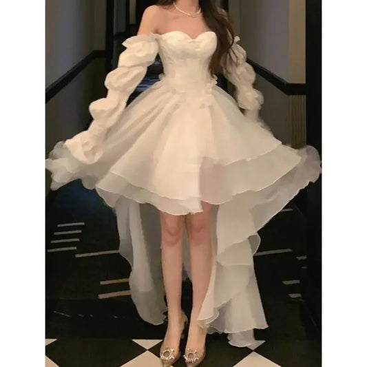 Coafell Elegant Ruffles Chic FairySweet Princess Dress Women White Summer Korean Style Slash Neck Casual Party Dress Female