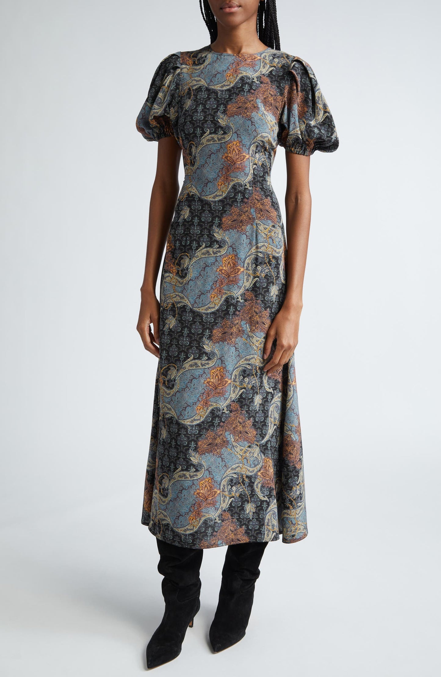 Printed Belted Bubble Sleeve Dress