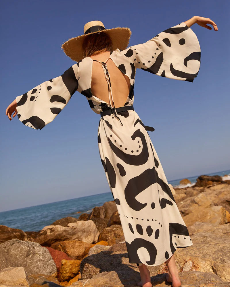 Black And White Belted Backless Dress