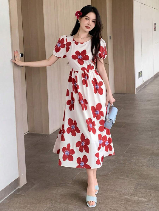 Floral Print Round Neck Balloon Sleeve Long/Short Dress For Women