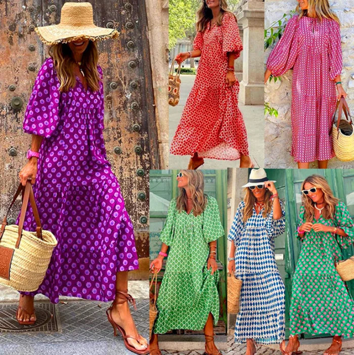 🎁LAST DAY SLAE-49% OFF🎁Boho Geometric Patchwork Puff Sleeve Dress