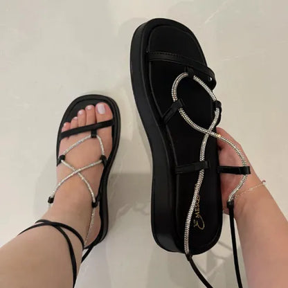 Rhinestone Cross-strap Platform Sandals