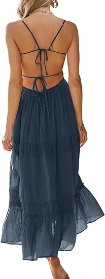 Women's Summer Casual Long Spaghetti Straps Backless Self Tie Tiered Flowy Maxi Dresses