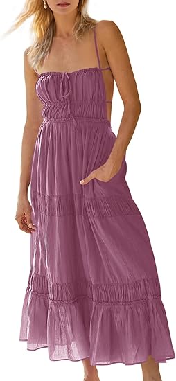 Women's Summer Casual Long Spaghetti Straps Backless Self Tie Tiered Flowy Maxi Dresses