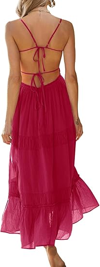 Women's Summer Casual Long Spaghetti Straps Backless Self Tie Tiered Flowy Maxi Dresses