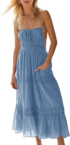 Women's Summer Casual Long Spaghetti Straps Backless Self Tie Tiered Flowy Maxi Dresses