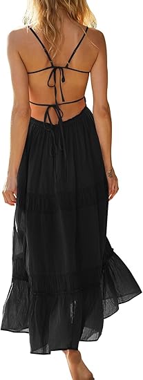 Women's Summer Casual Long Spaghetti Straps Backless Self Tie Tiered Flowy Maxi Dresses