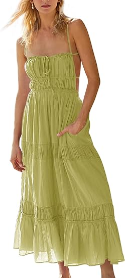 Women's Summer Casual Long Spaghetti Straps Backless Self Tie Tiered Flowy Maxi Dresses