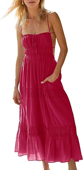 Women's Summer Casual Long Spaghetti Straps Backless Self Tie Tiered Flowy Maxi Dresses