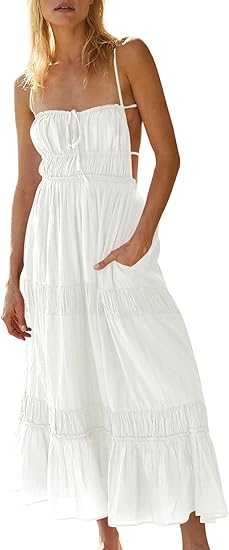 Women's Summer Casual Long Spaghetti Straps Backless Self Tie Tiered Flowy Maxi Dresses