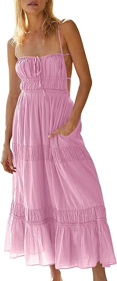 Women's Summer Casual Long Spaghetti Straps Backless Self Tie Tiered Flowy Maxi Dresses