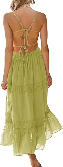 Women's Summer Casual Long Spaghetti Straps Backless Self Tie Tiered Flowy Maxi Dresses