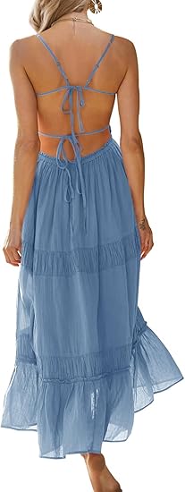 Women's Summer Casual Long Spaghetti Straps Backless Self Tie Tiered Flowy Maxi Dresses