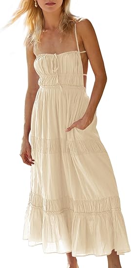 Women's Summer Casual Long Spaghetti Straps Backless Self Tie Tiered Flowy Maxi Dresses