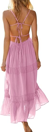 Women's Summer Casual Long Spaghetti Straps Backless Self Tie Tiered Flowy Maxi Dresses