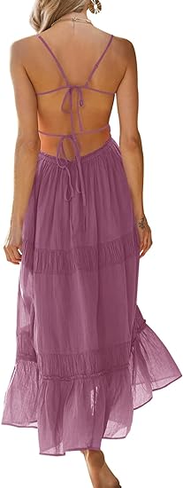 Women's Summer Casual Long Spaghetti Straps Backless Self Tie Tiered Flowy Maxi Dresses