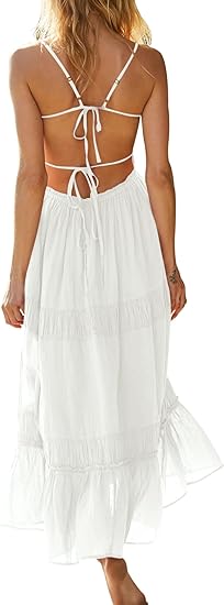 Women's Summer Casual Long Spaghetti Straps Backless Self Tie Tiered Flowy Maxi Dresses