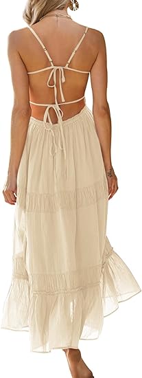 Women's Summer Casual Long Spaghetti Straps Backless Self Tie Tiered Flowy Maxi Dresses