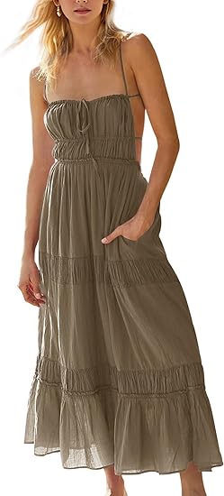 Women's Summer Casual Long Spaghetti Straps Backless Self Tie Tiered Flowy Maxi Dresses