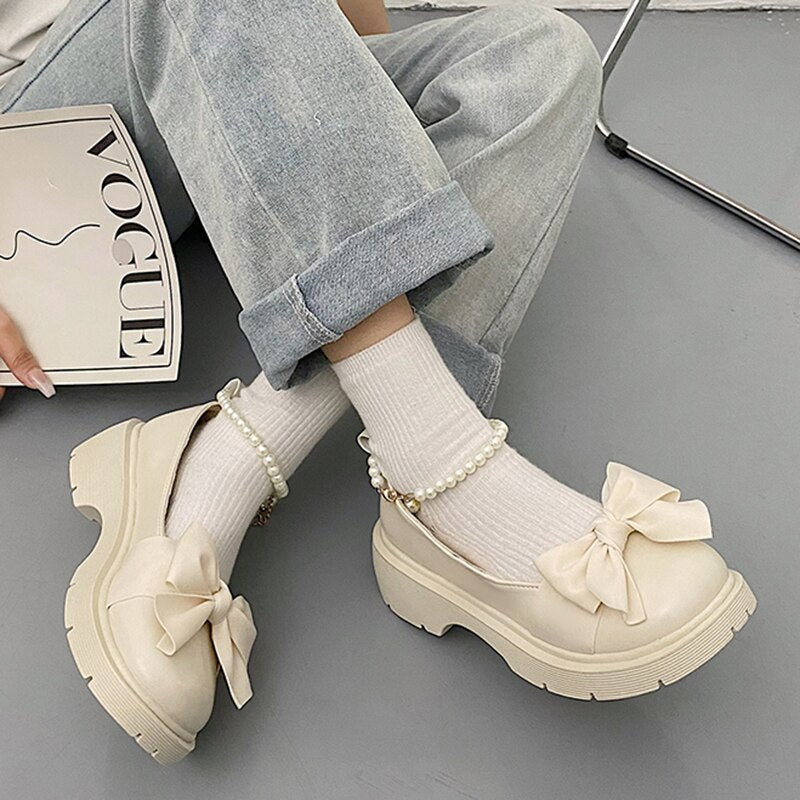 Wongn Pearl Strap Mary Janes Shoes for Women Autumn 2024 Thick Heels Platform Loafers Woman High Heels Cute Bowtie Lolita Shoes