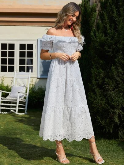 Simple Women's Embroidered Ruffes Off Shoulder High Waist Dress