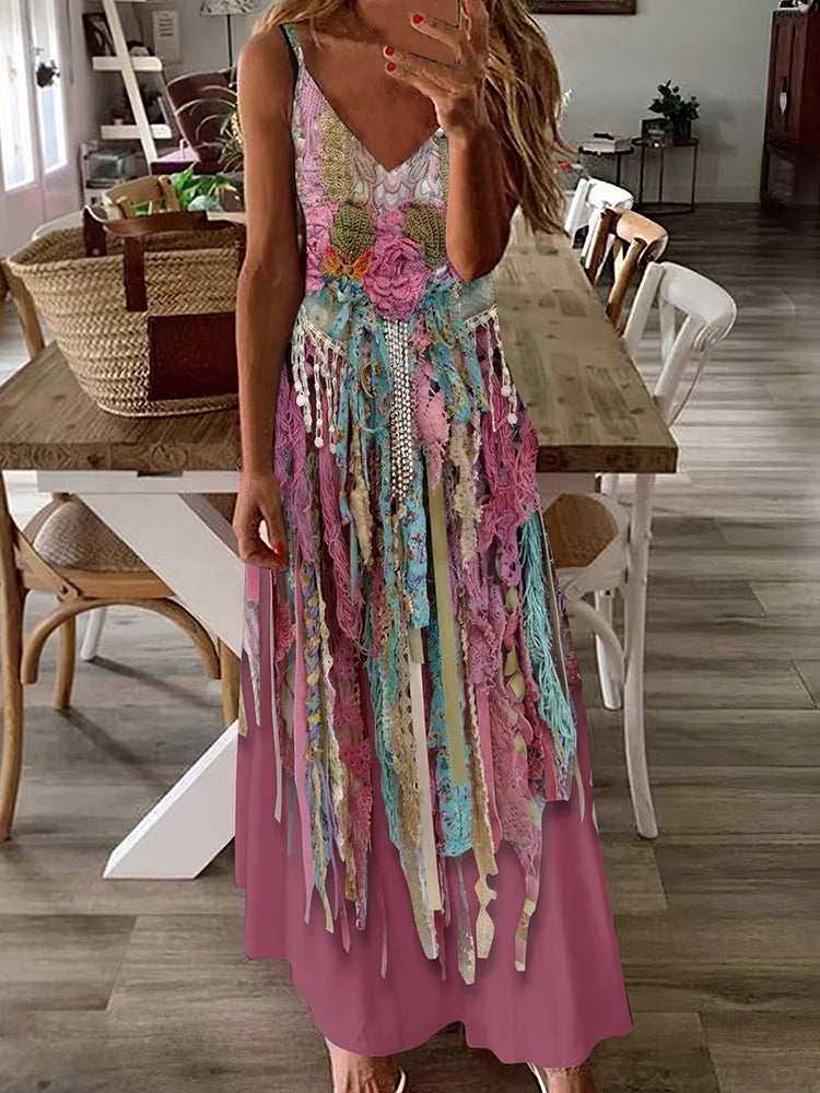 Western Tassel Print Suspender Maxi Dress