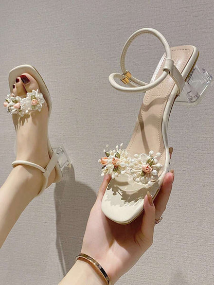 Women Fashionable Crystal Flower High Heeled Sandals, Multi-Way Wearing