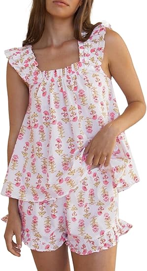 Womens Floral Pajama Sets Ruffle Trim Cami Top and Shorts