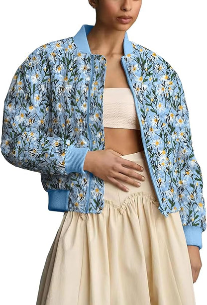 Women's Embroidered Daisy Cropped Bomber Jacket