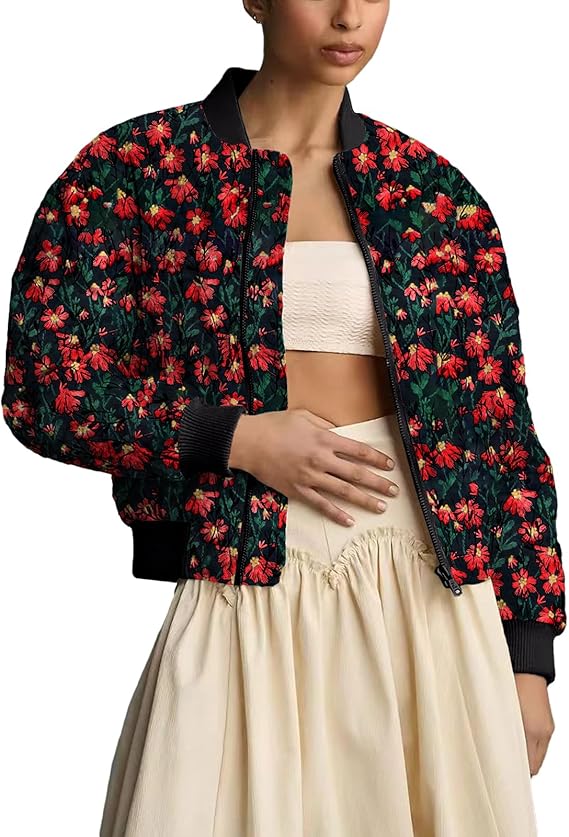 Women's Embroidered Daisy Cropped Bomber Jacket