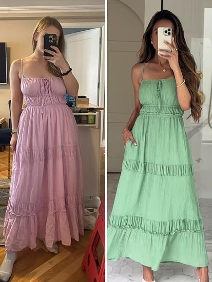 Women's Summer Casual Long Spaghetti Straps Backless Self Tie Tiered Flowy Maxi Dresses