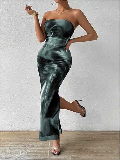 Women's Summer Tie Dye Strapeless Ruched Bodycon Maxi Dress