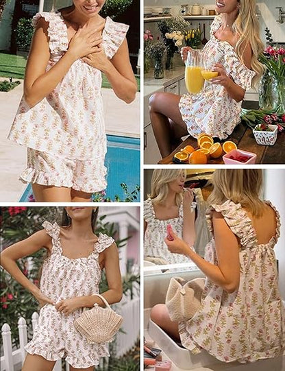 Womens Floral Pajama Sets Ruffle Trim Cami Top and Shorts