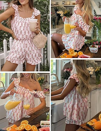 Womens Floral Pajama Sets Ruffle Trim Cami Top and Shorts