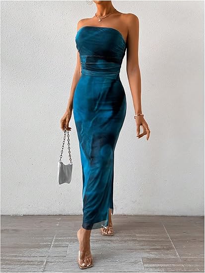 Women's Summer Tie Dye Strapeless Ruched Bodycon Maxi Dress