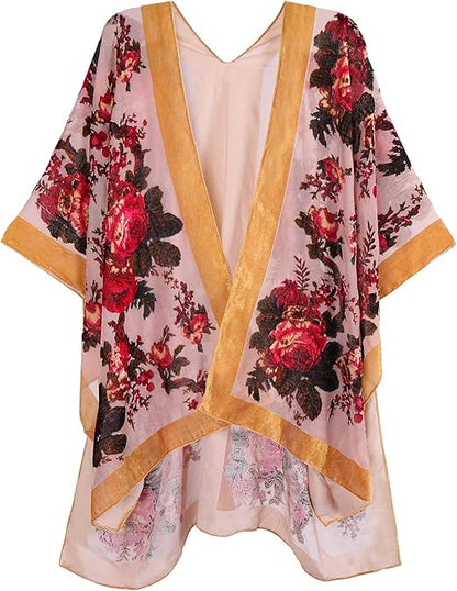 Women's Burnout Velvet Kimono Long Cardigan Cover Up