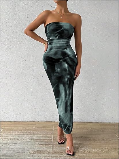 Women's Summer Tie Dye Strapeless Ruched Bodycon Maxi Dress