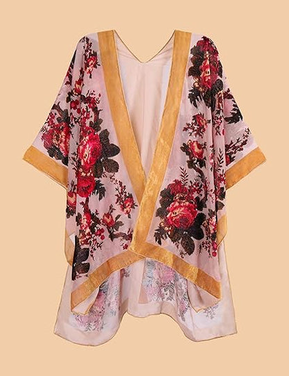 Women's Burnout Velvet Kimono Long Cardigan Cover Up