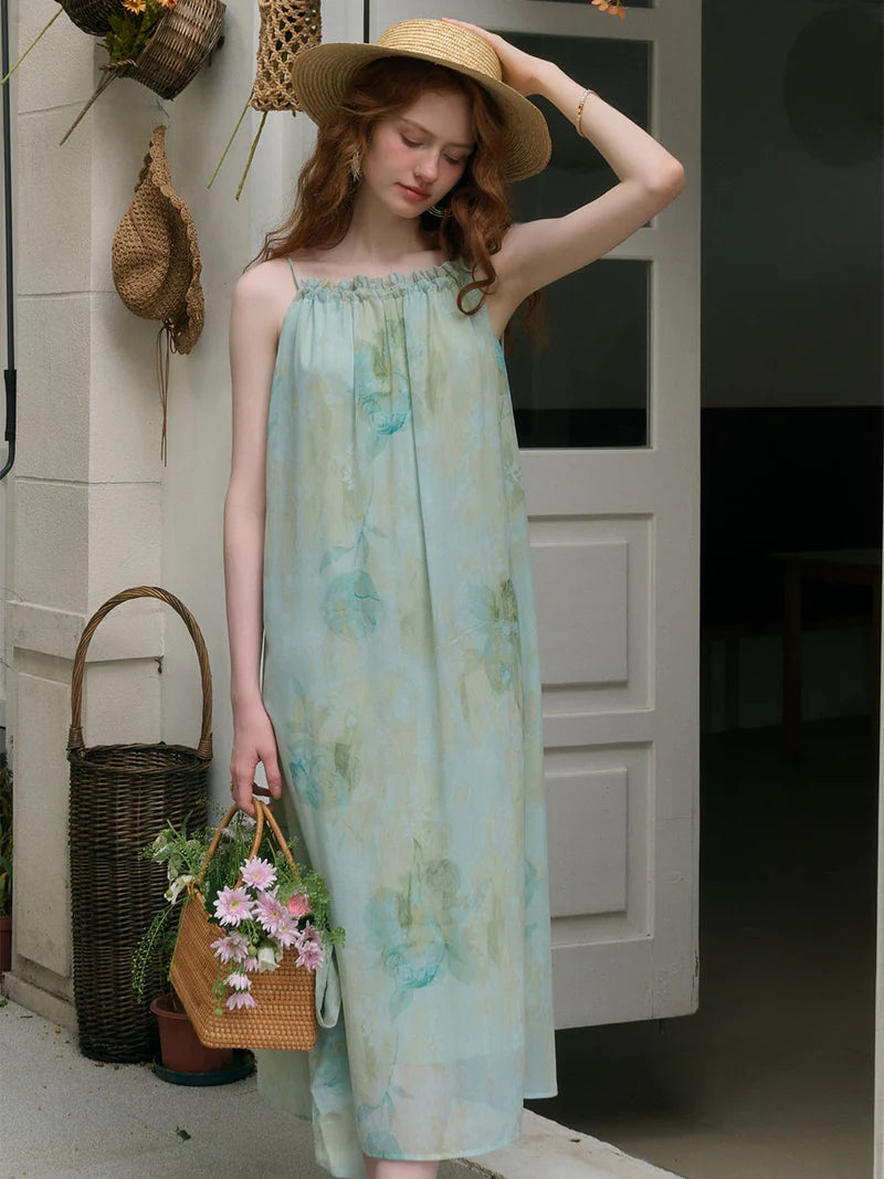 DYED ROSE PRINT CHIFFON SLIP DRESS