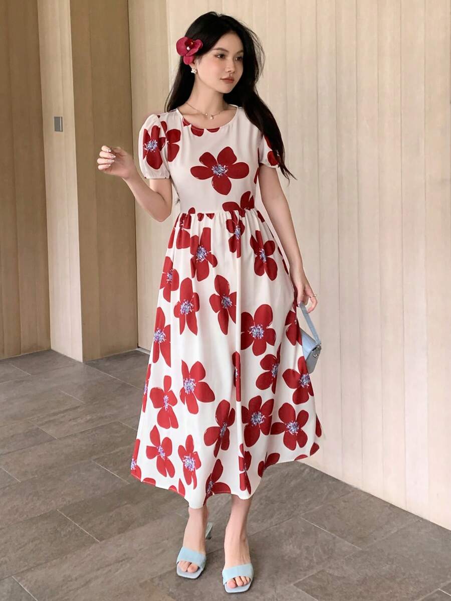 Langes/kurzes Kleid mit Blumendruck und Rundhalsausschnitt sowie Ballonärmeln für Damen 