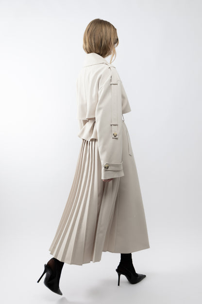 Women's Belted Pleated Long Trench Coat