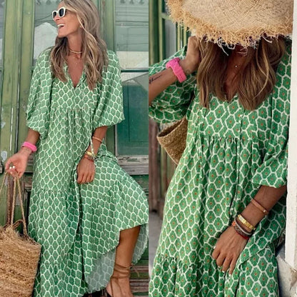 🎁LAST DAY SLAE-49% OFF🎁Boho Geometric Patchwork Puff Sleeve Dress