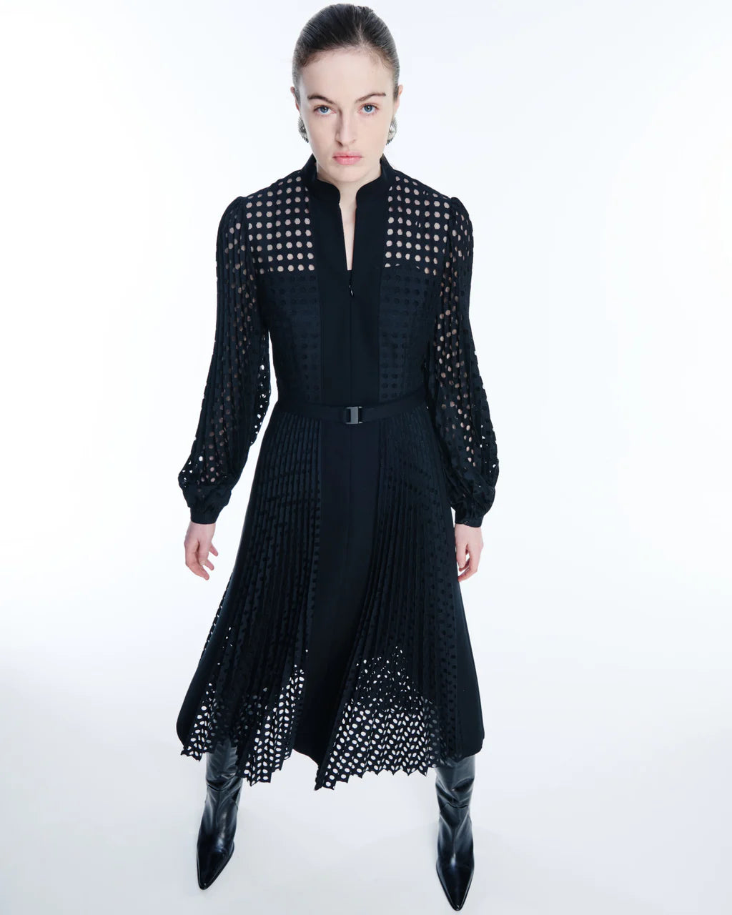 Round Check Pleated Long Sleeve Midi Dress