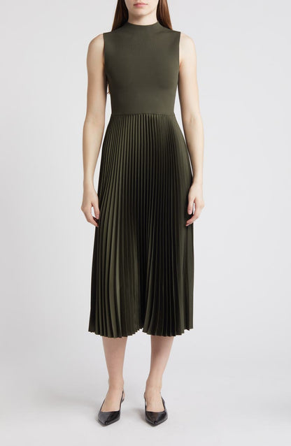 Pleated Sleeveless Mock Neck Midi Dress