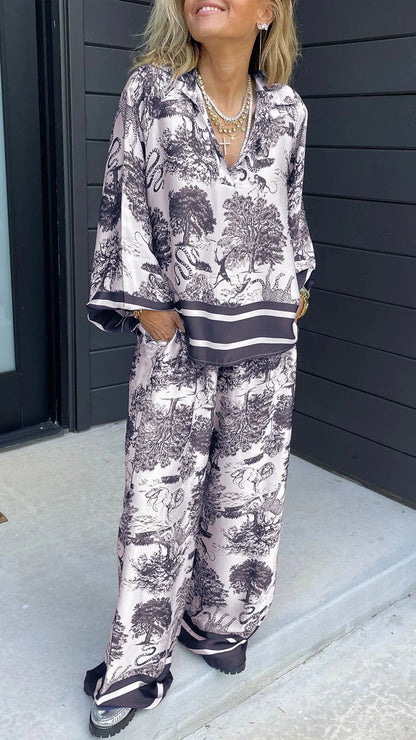 V-neck Printed Long-sleeved Casual Suit